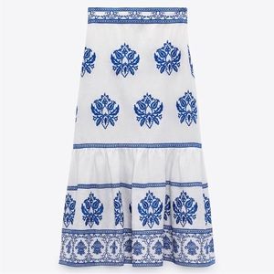 Zara Blue & White Embroidered Skirt